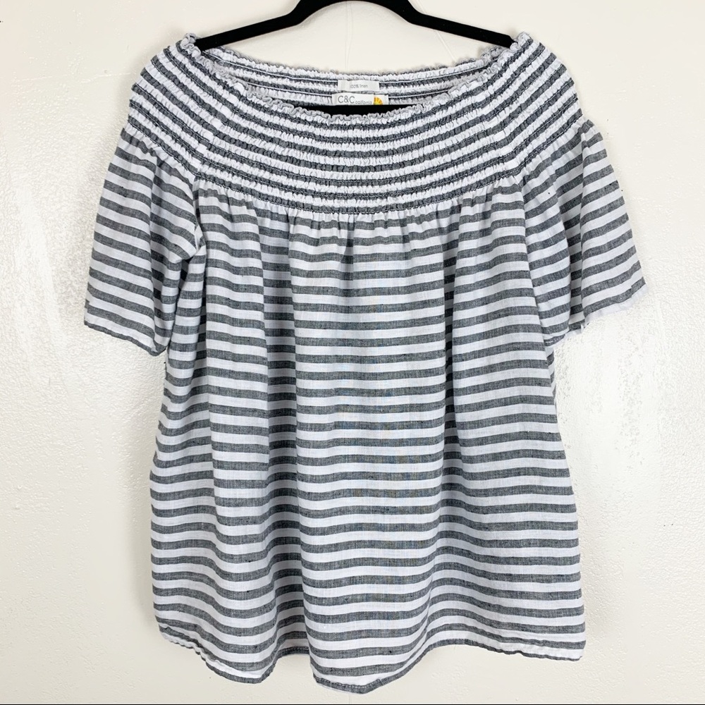 C&C California striped linen off the shoulder top